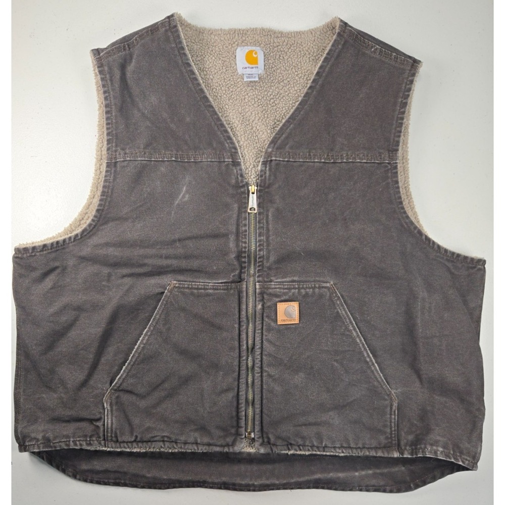 Carhartt V26 2XL Sherpa Lined Vest Dark Brown Distressed Duck Workwear Outdoor